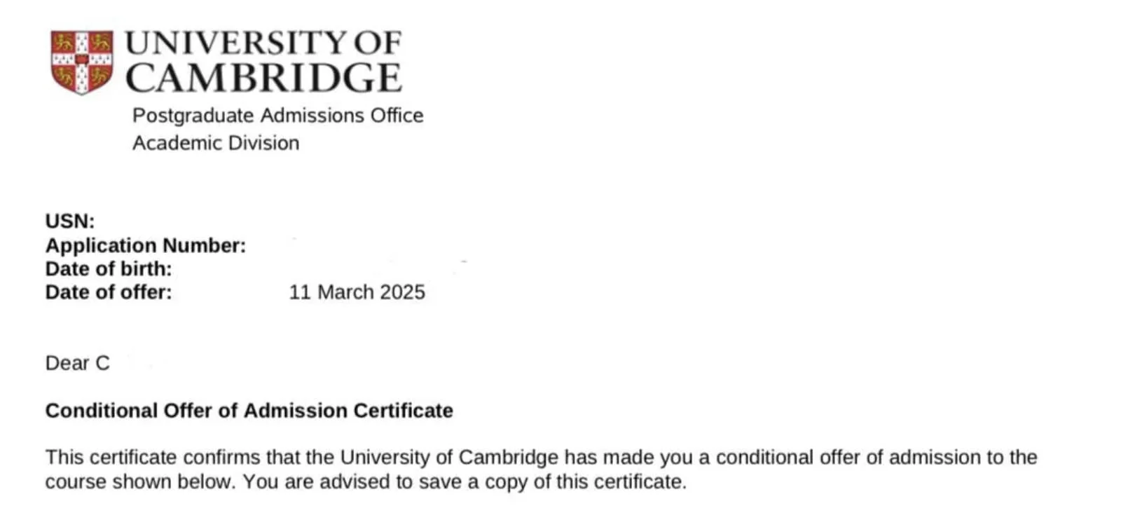 Cambridge University Offer